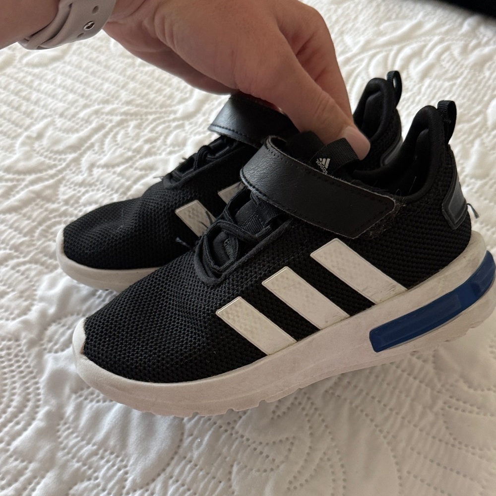 Adidas Kids Black and White Sneakers with Blue Accent